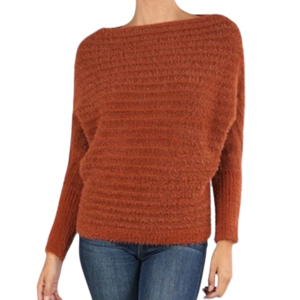 Burnt Orange Fuzzy Slouchy Boat Neck Sweater NWT - (#0423)